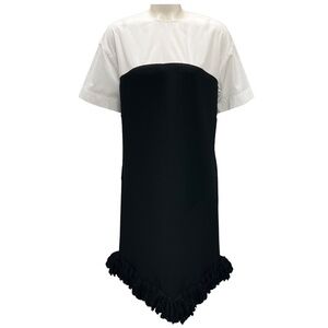 MANTU BLACK / WHITE FRINGED WOOL KNIT HEM SHORT SLEEVED MIDI DRESS